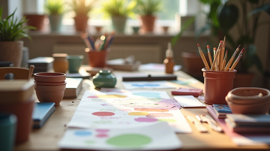 Atelier créatif avec matériaux artistiques et produits artisanaux