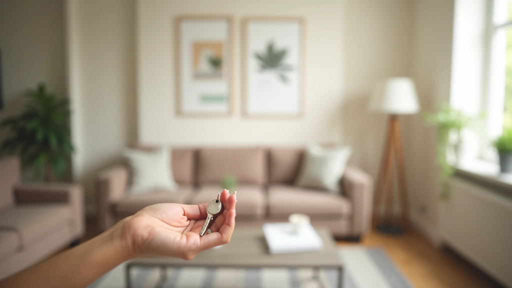 Espace de vie aménagé avec des objets à louer et une clé dans la main