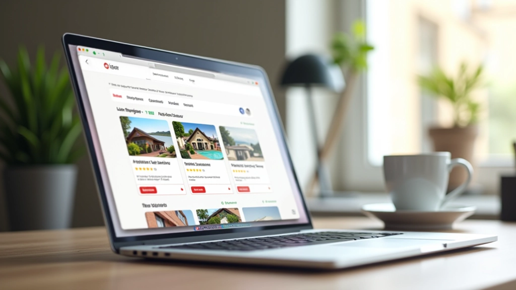 Écran d'ordinateur affichant une plateforme de location avec liste d'annonces et photos de biens
