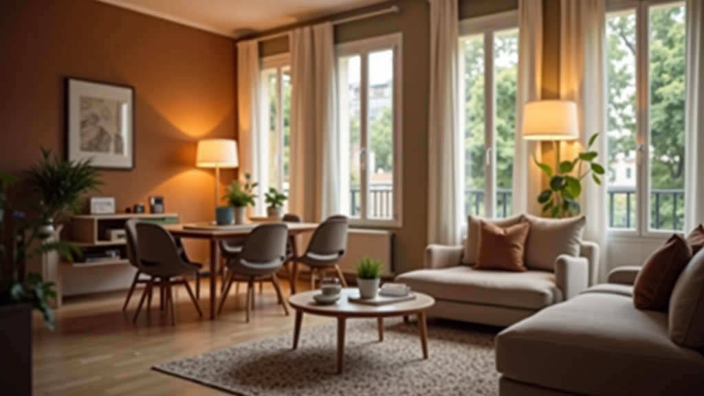 Photographie professionnelle d'un logement bien aménagé avec mobilier moderne et éclairage chaleureux