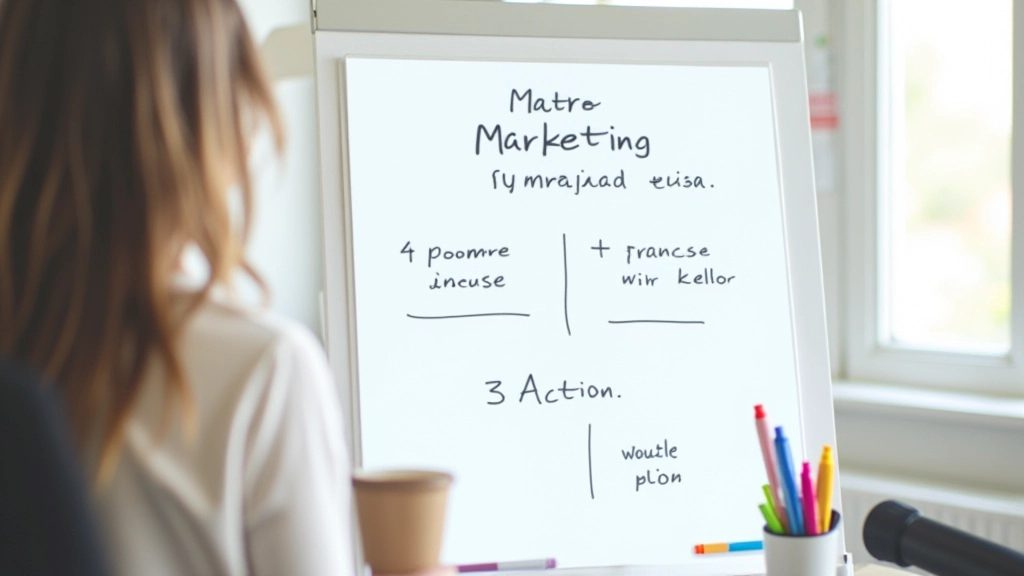 Tableau blanc avec des stratégies de marketing et un plan d'action écrit à la main, stylos et café sur le côté