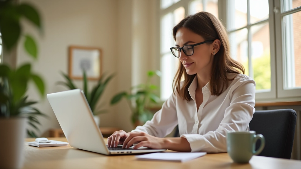 Femme travaillant sur ordinateur dans son bureau à domicile, représentant le freelance et les revenus alternatifs